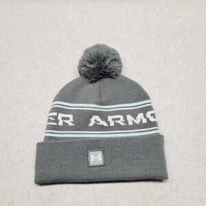 Under Armour Men's Halftime Pom Beanie Gray and Aqua Blue Classic Cuff‎ Knit Hat